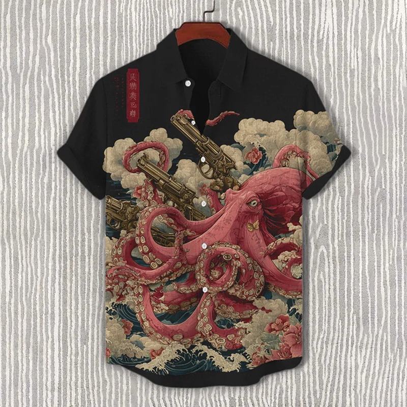 Men's Retro Octopus Gun King Print Linen Short-sleeve Shirt  artssus