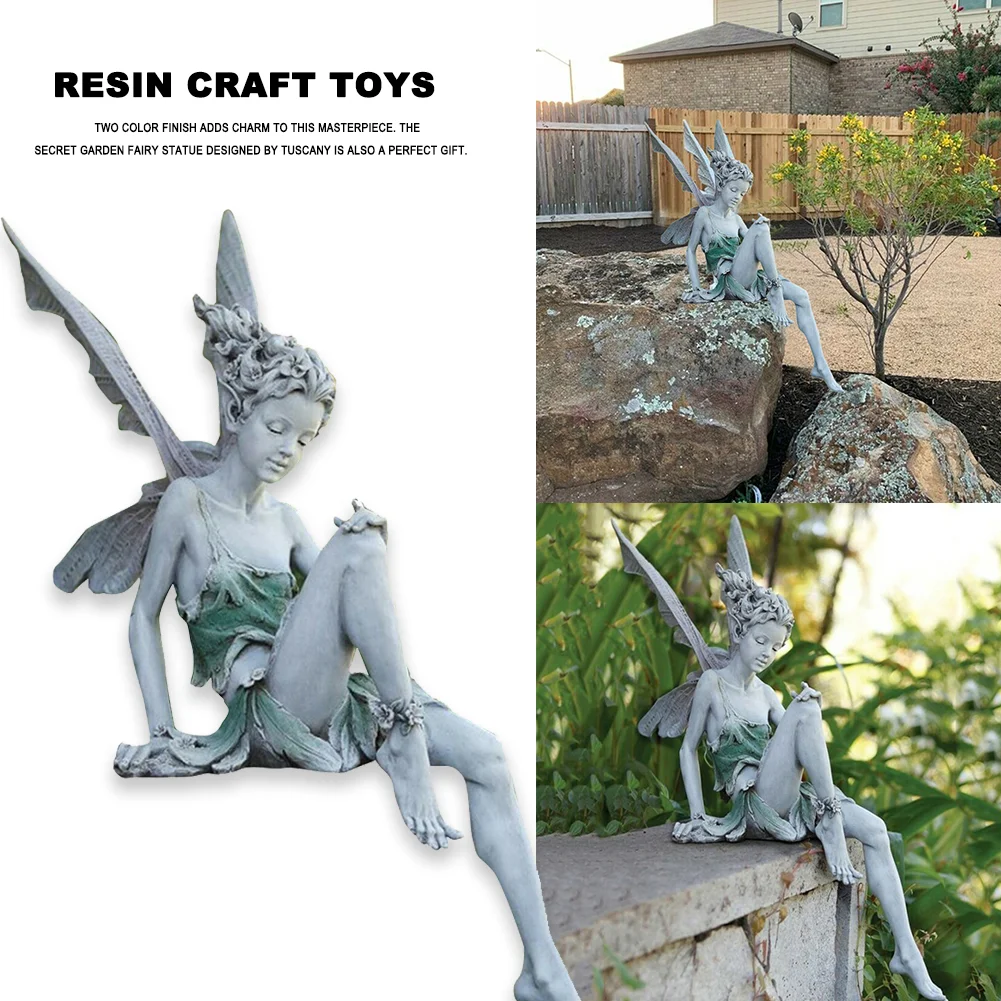 Flower Fairy Sculpture Yard Landscaping Resin Turek Sitting Statue (White)