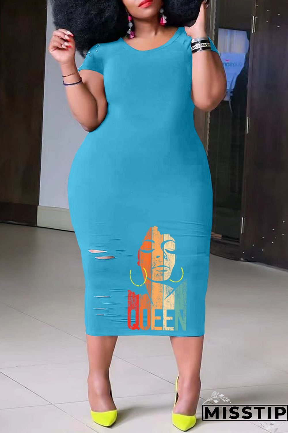 Black Casual Print Ripped O Neck Short Sleeve Dress Plus Size Dresses