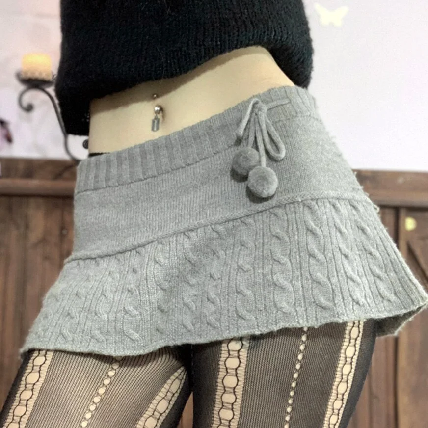 Female Knitting Skirts Goth  Drawstring Elastic High Waist Women Fall Winter Solid Skirt Fashion Streetwear Bottoms