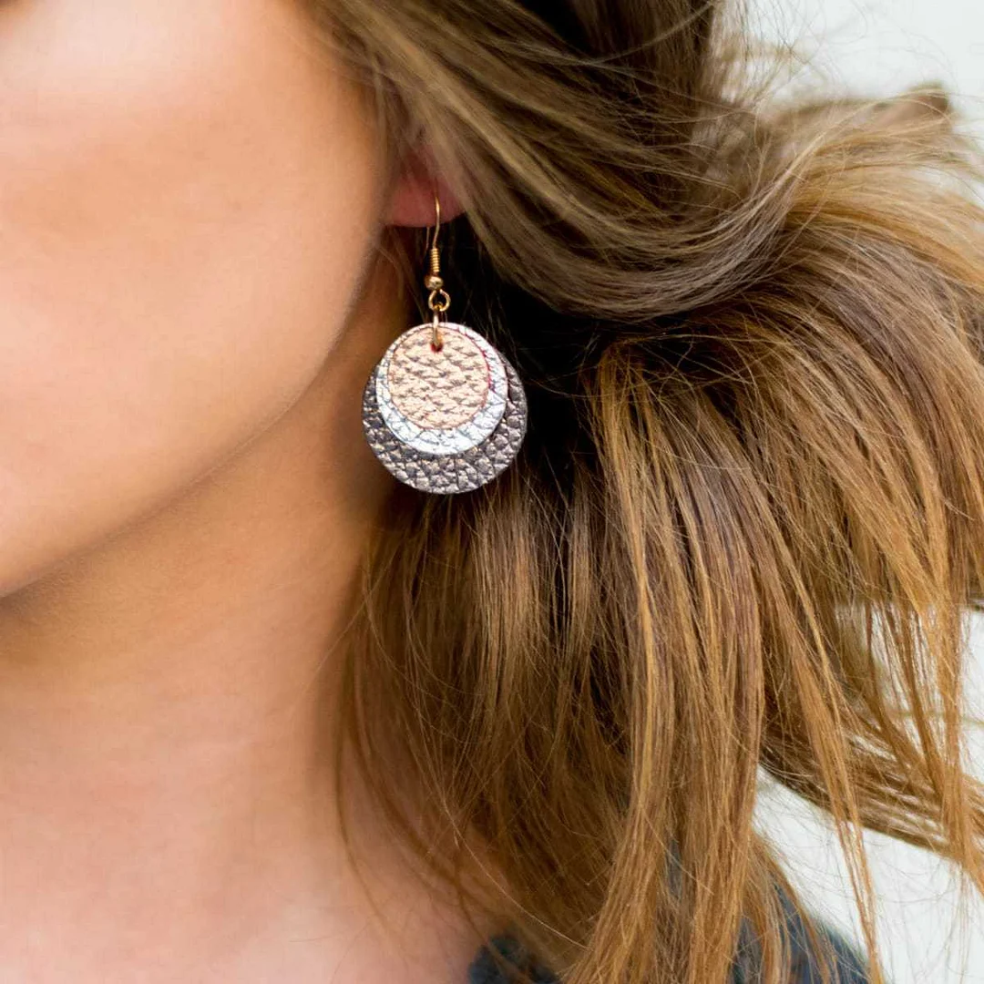 3 Layered Leopard Leather Round Earrings