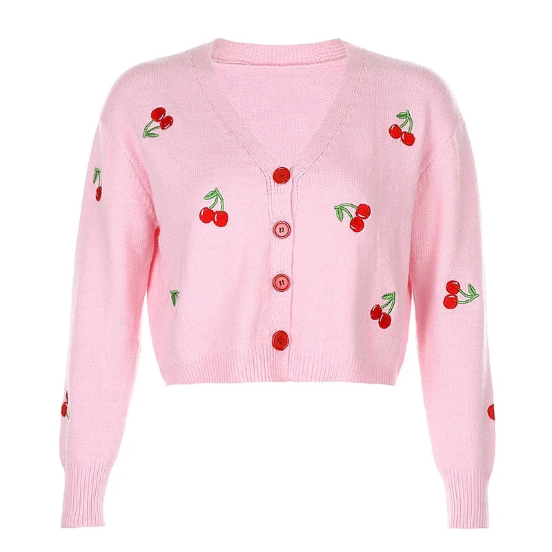 HEYounGIRL Cherry Sweat Pink White Cute Y2K Cardigan Crop Top Casual Long Sleeve Cropped Sweater Women Autumn Winter Jumpers