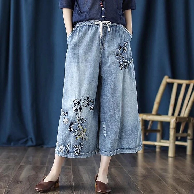 Retro Jeans Embroidered Cropped Wide-Leg Pants