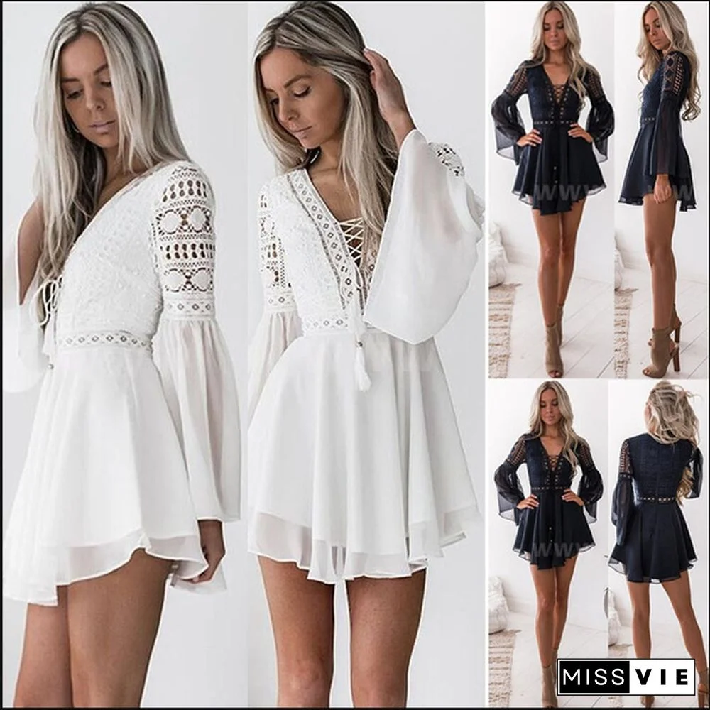 Sexy Women Mini Dress Criss Cross Bandage Lace Semi-sheer Plunge V-Neck Long Sleeve Ruffle Dress Black/White