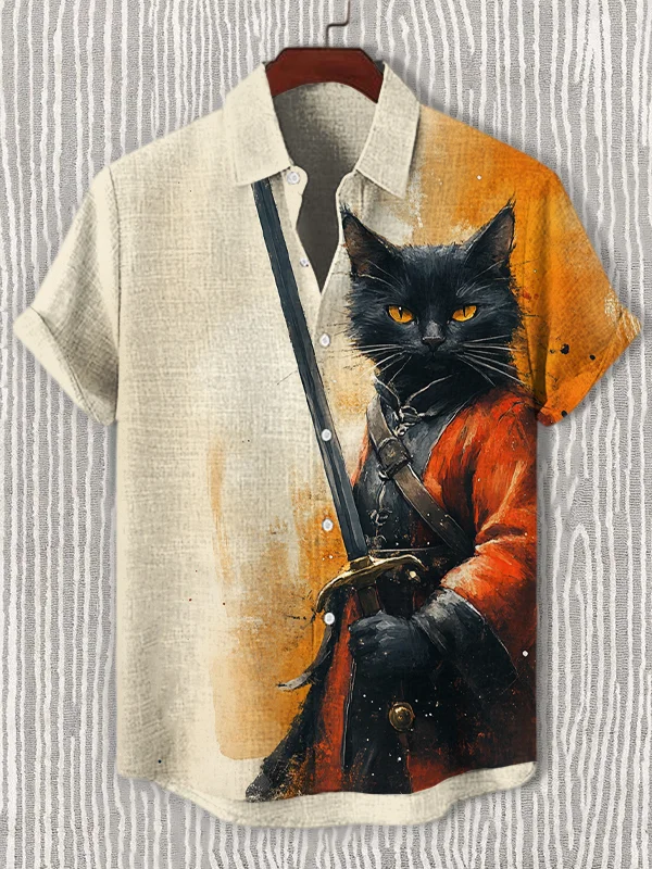 Men's Handsome Black Cat Knight Print Casual Shirt