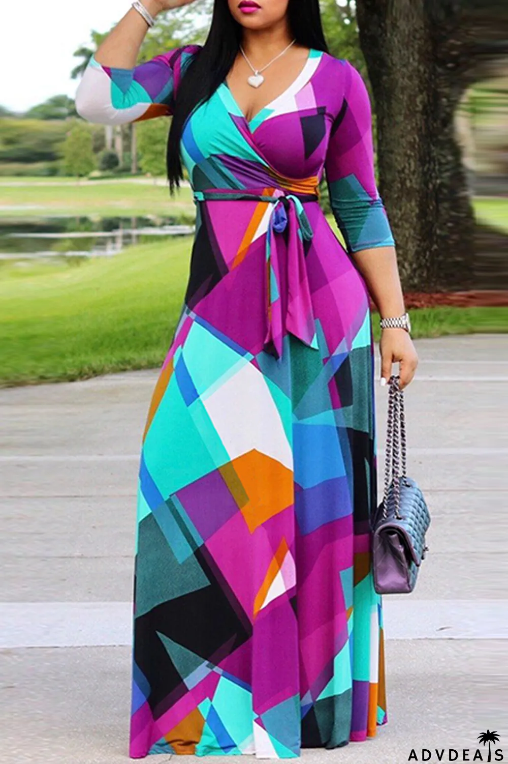 Multi-color Fashion Casual Print Bandage V Neck Long Sleeve Dresses