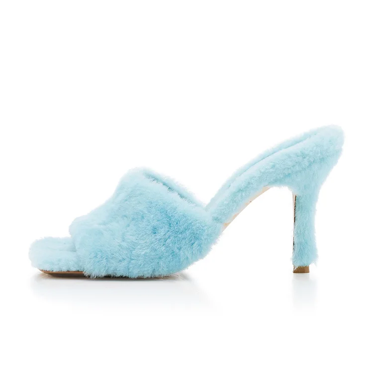 Elegant Square Toe Furry Sandal Women's Stiletto Heels Winter Mules |FSJ Shoes