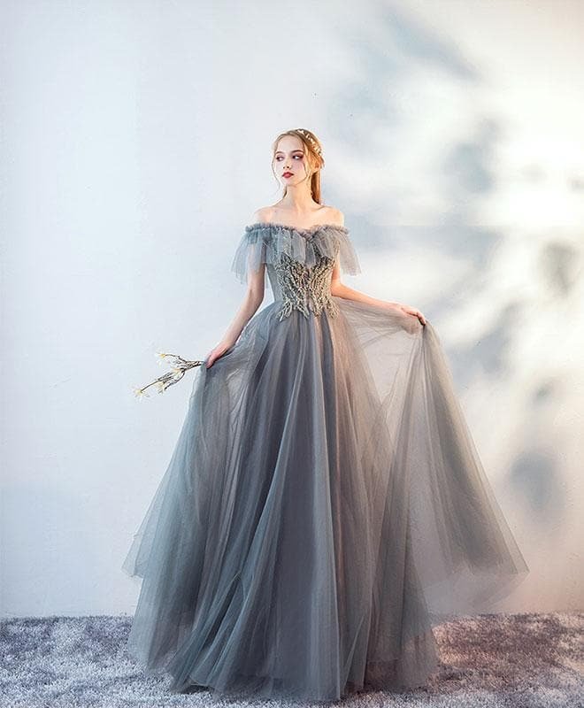 Gray Tulle Lace Long Prom Dress, Gray Tulle Lace Evening Dress SP18139