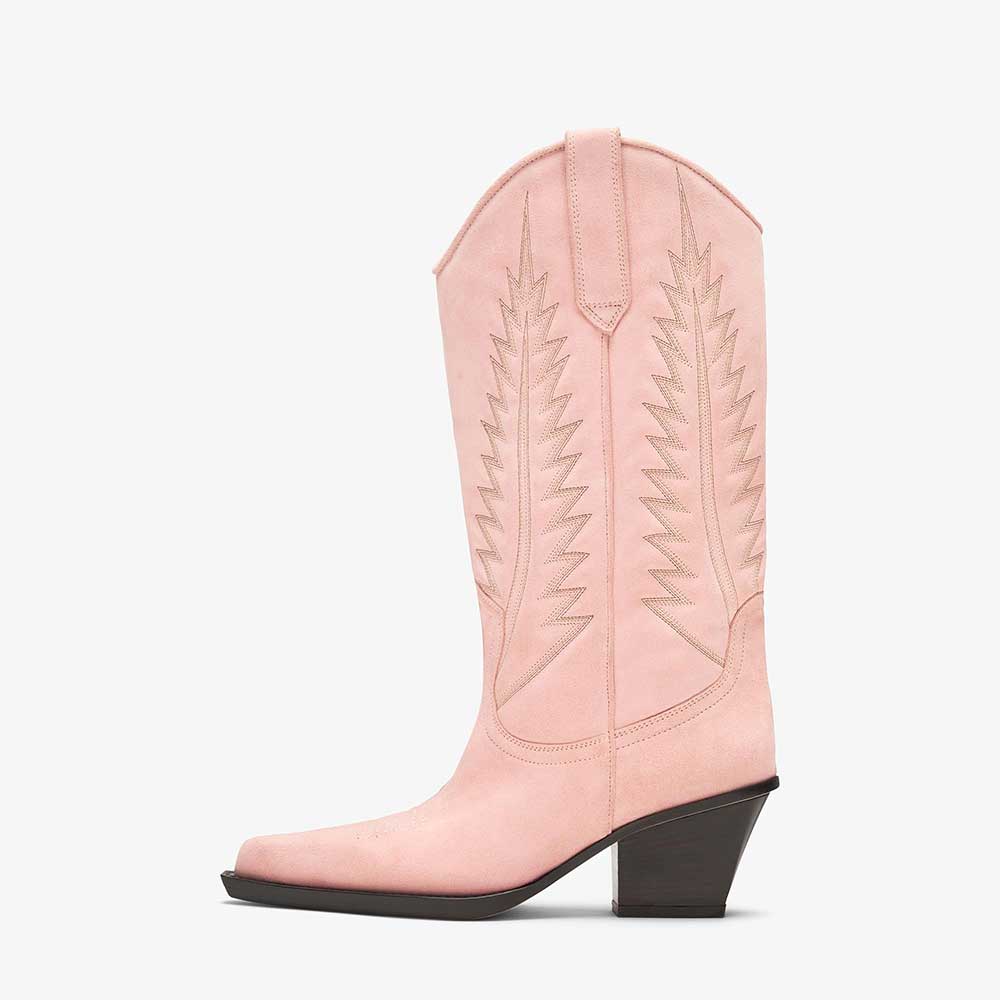 Pink Vegan Leather Point Toe Chunky Heel Embroidered Cowgirl Boots Nicepairs