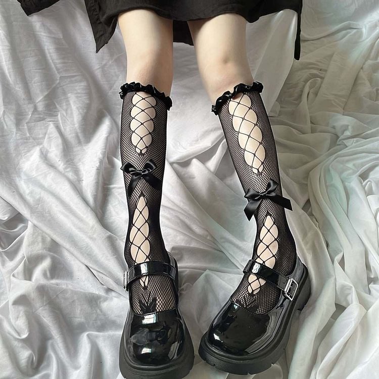 Black/White Japanese Gothic Egirl Harajuku Hollow Out Lolita Bow Socks SP16710