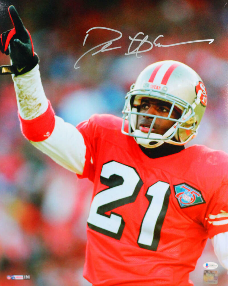 Deion Sanders Autographed 49ers 16x20 Close Up HM Photo Poster painting- Beckett W Auth *Silver