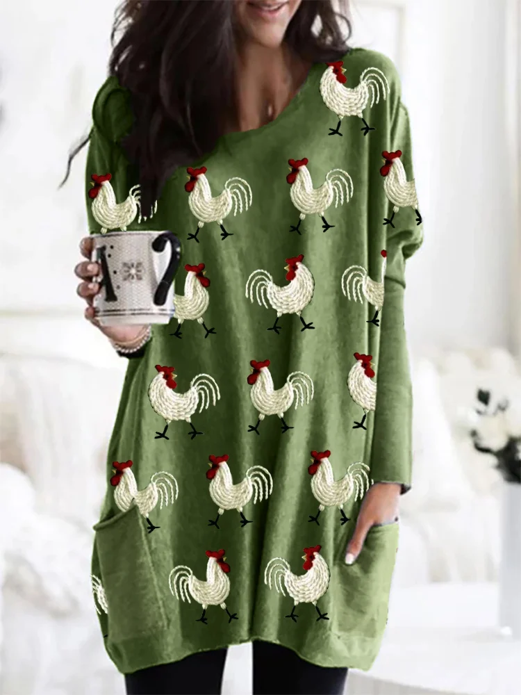 VChics Roosters Embroidery Pattern Patch Pocket Cozy Tunic