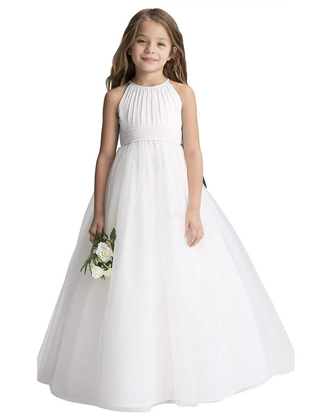 Oknass Princess Sleeveless Jewel Neck Flower Girl Dresses Chiffon Organza Tulle With Draping