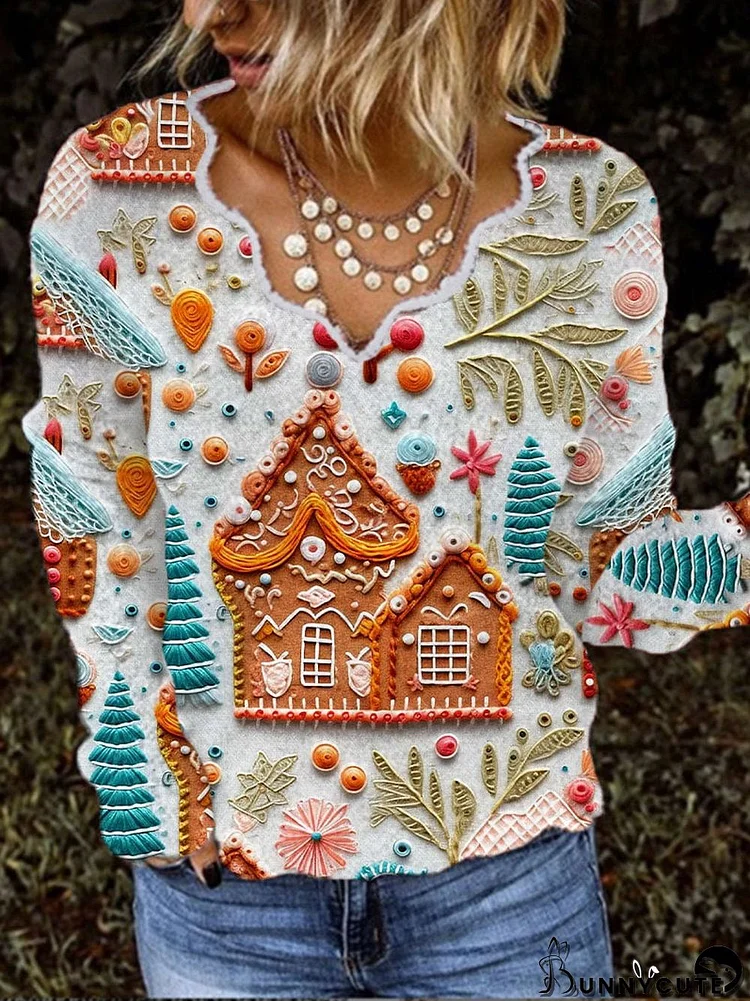 Women's Christmas Gingerbread House Print French Cashmere V-Neck Top