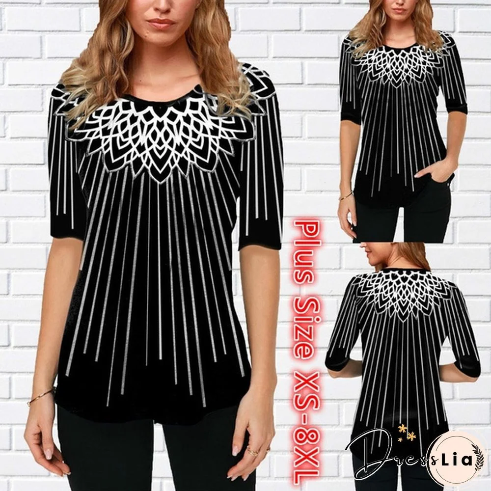 Women's Fashion Print Half Sleeve Blouse Tops T-shirts Plus Size XS-8XL