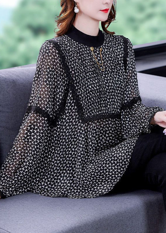 VCSHOES Loose Black Turtleneck Print Lace Patchwork Chiffon Shirt Fall