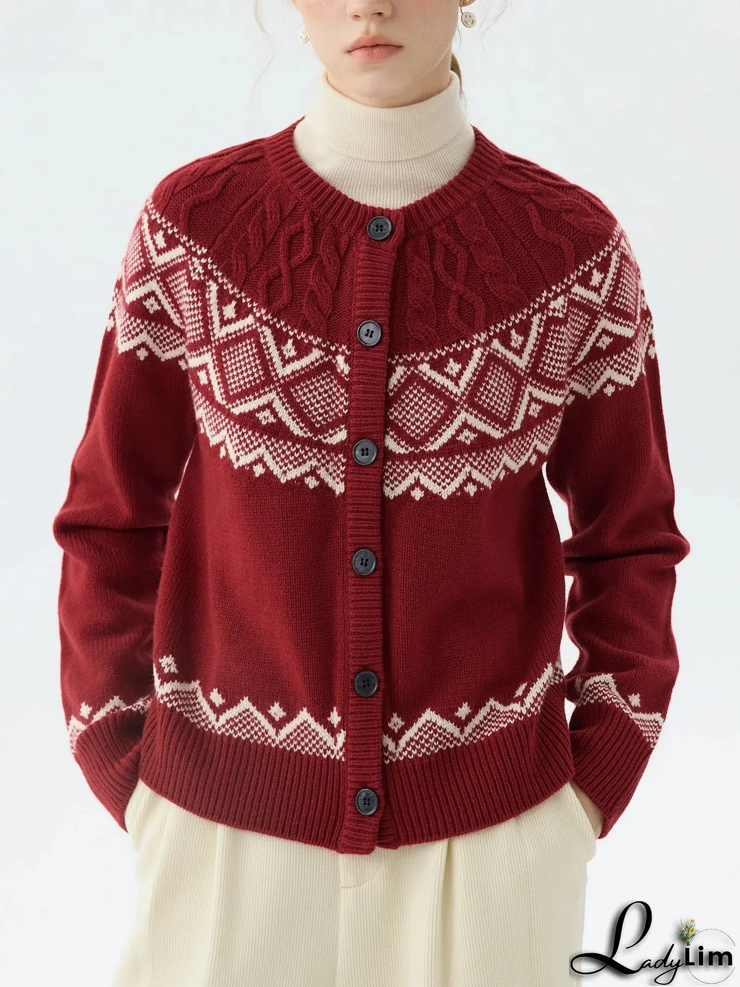 Sheep Wool Round Neck Cable Cardigan