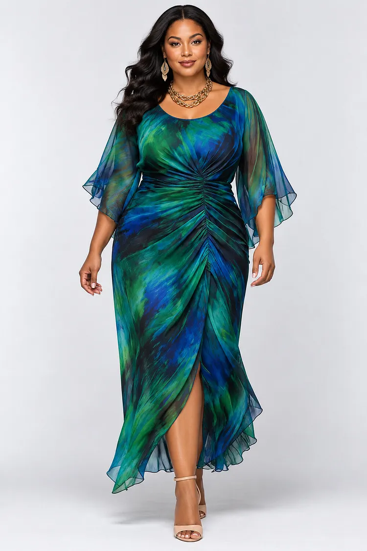 Xpluswear Design Plus Size Wedding Guest Green All Over Print Flare Half Sleeve Fold Chiffon Maxi Dresses [Pre-Order] 2024 - Xpluswear