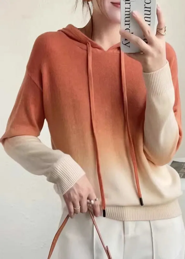 New Orange Gradient Color Hooded Patchwork Wool Knit Sweaters Fall