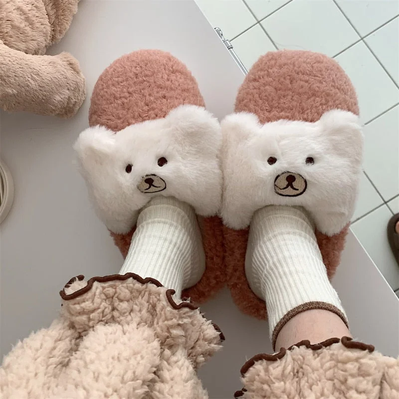 New Upgrade Cute Animal Slipper For Women Girls Fashion Kawaii Fluffy Winter Warm Slippers Woman Cartoon Bear House Slippers