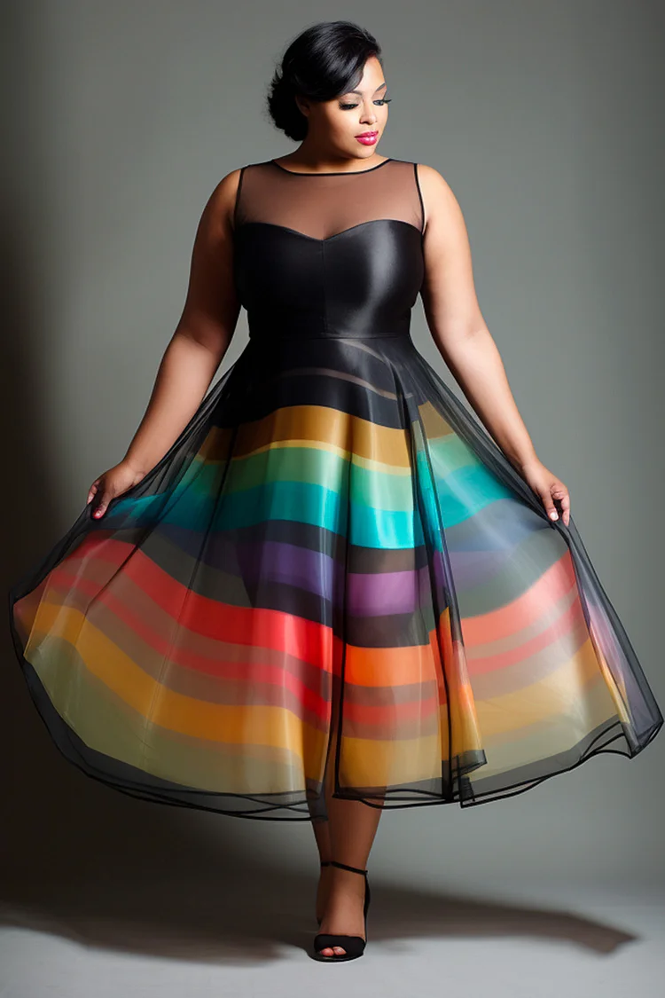 Xpluswear Design Plus Size Semi Formal Black Colorblock Round Neck Organza Midi Dresses