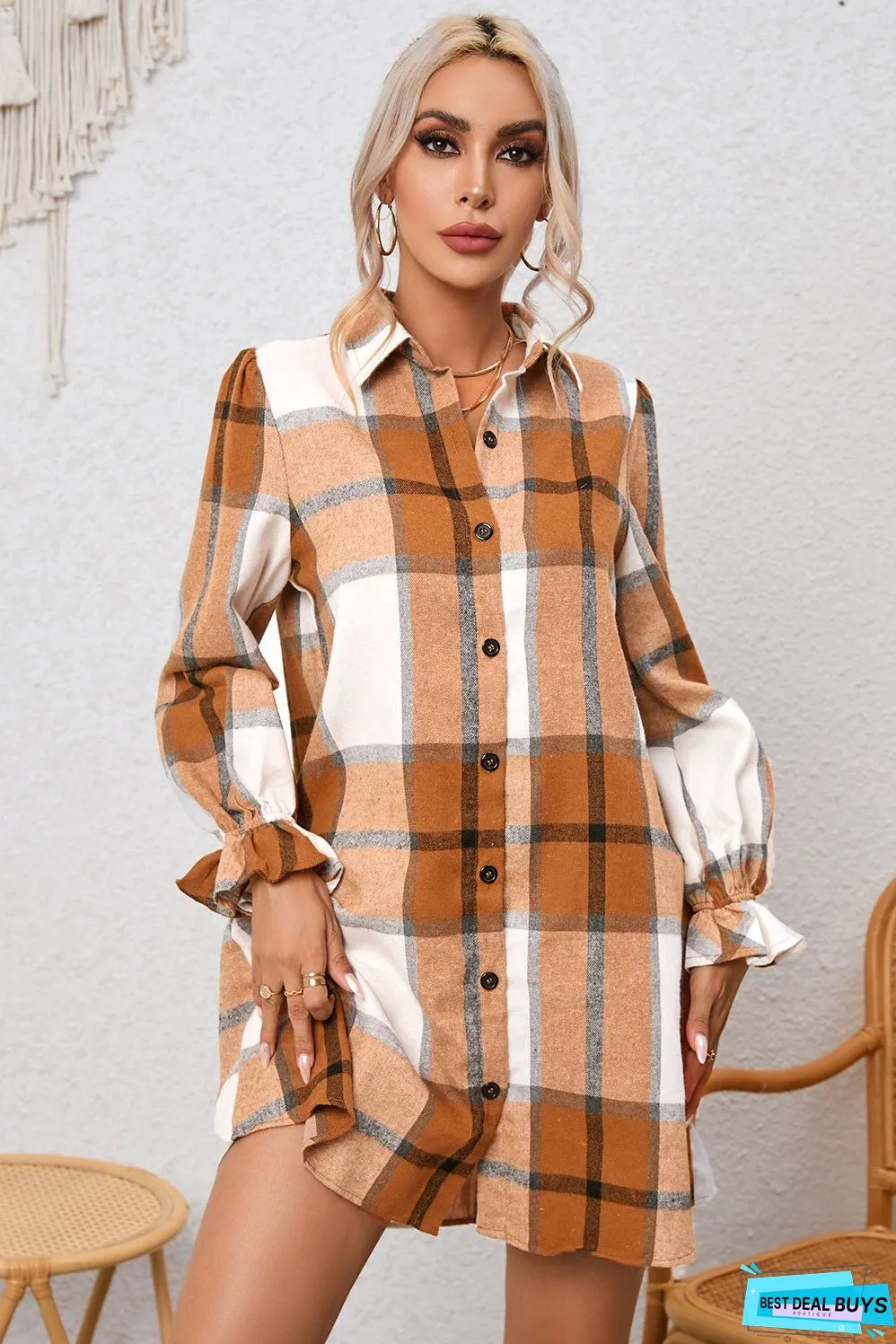 Plaid Collared Neck Flounce Sleeve Shirt Dress