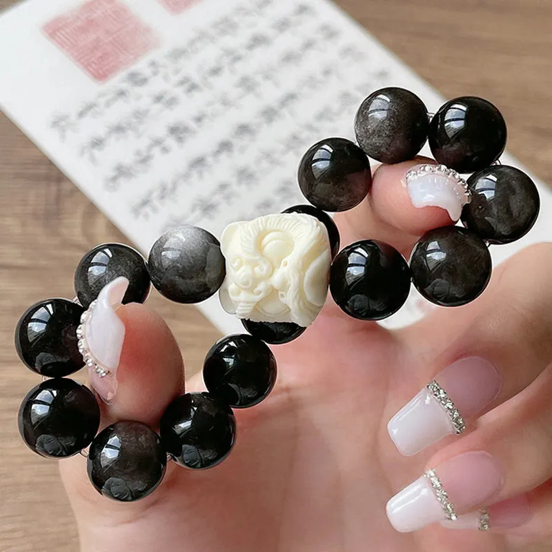 Silver Sheen Obsidian Bodhi Seed Ivory Fruit Dancing Lion Protection Bracelet