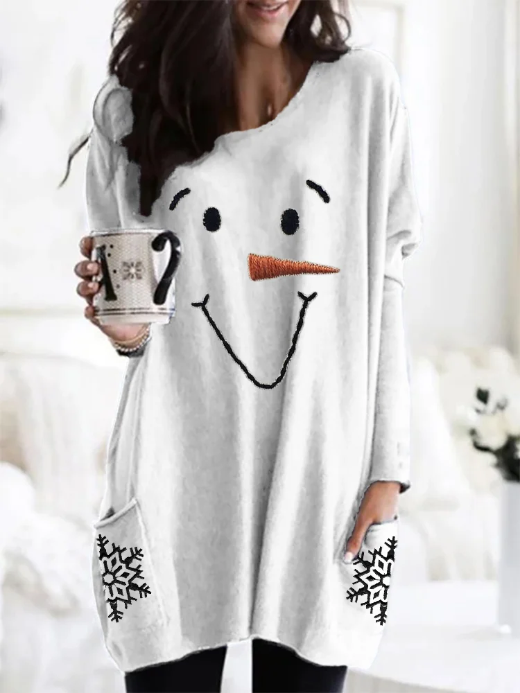 Comstylish Lovely Snowman Face & Snowflakes Embroidery Cozy Tunic