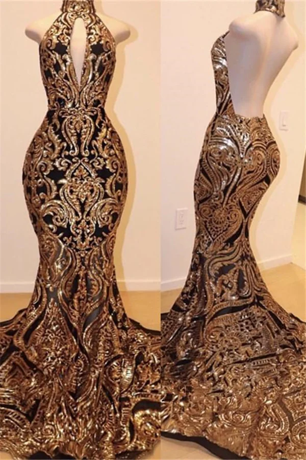 Halter High Neck Mermaid Prom Dress With Gold Appliques PD0876