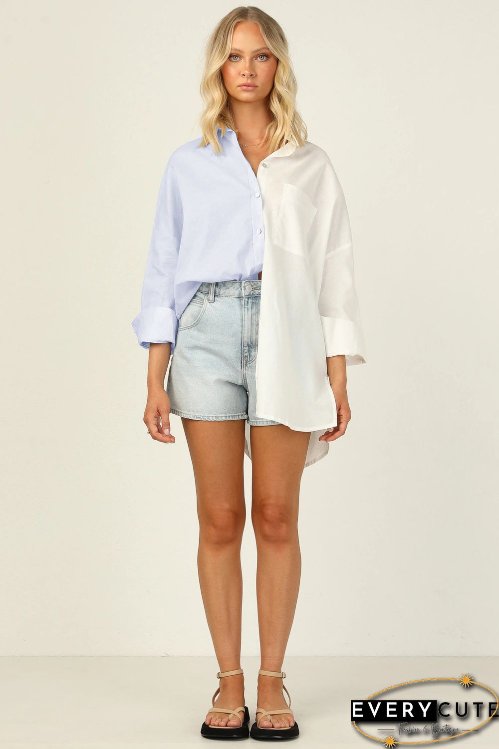 Light Blue Contrast Button-up Drop Shoulder Shirt