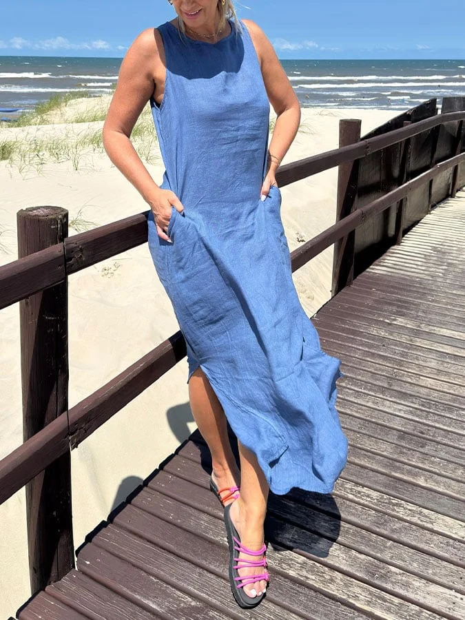 WomenS Casual Solid Color Sleeveless Cotton And Linen Dress 