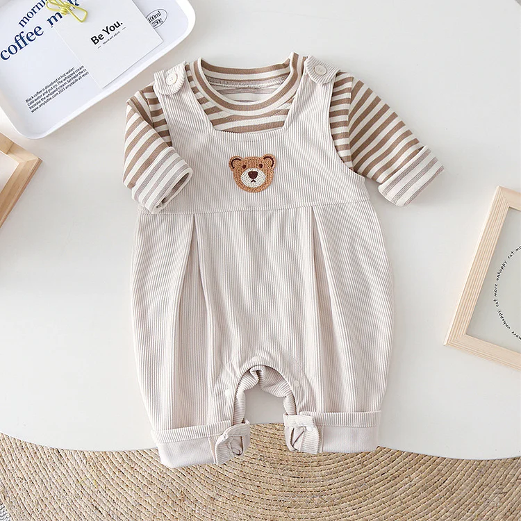 Baby Boy/Girl Stripe Long Sleeve T-shirt & Embroidered Bear Overalls Romper Set