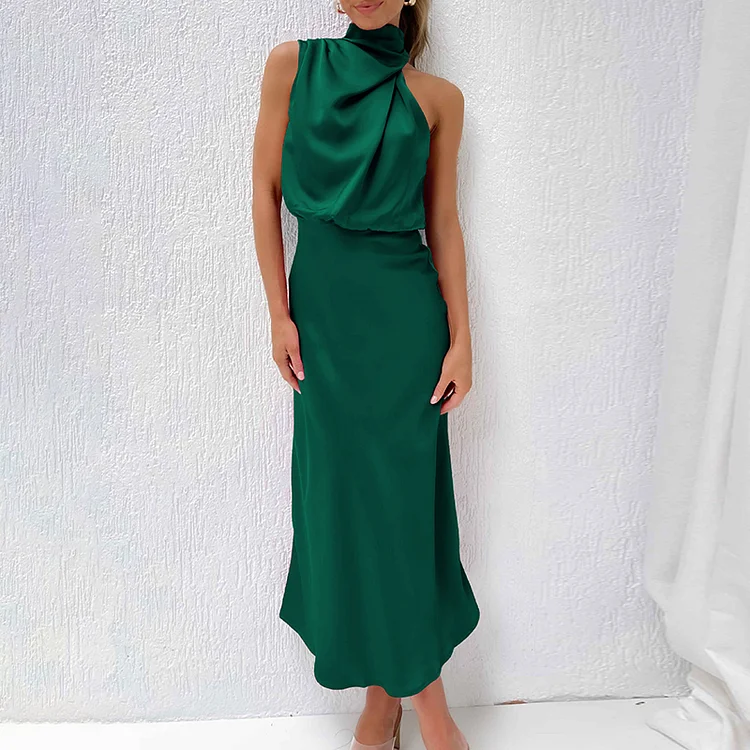 VChics Elegant Satin Solid Color High End Satin Sleeveless Dress