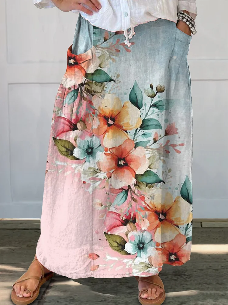 Women's Flowers Watercolor Contrasting Colors Casual Print Linen Pocket Skirt socialshop