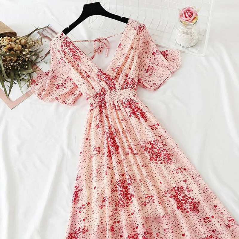 Summer Vintage Floral Chiffon Long Dress Sexy V-neck Ruffle Boho Dresses 2021 Elegant Women Party Short sleeve Dress Vestidos
