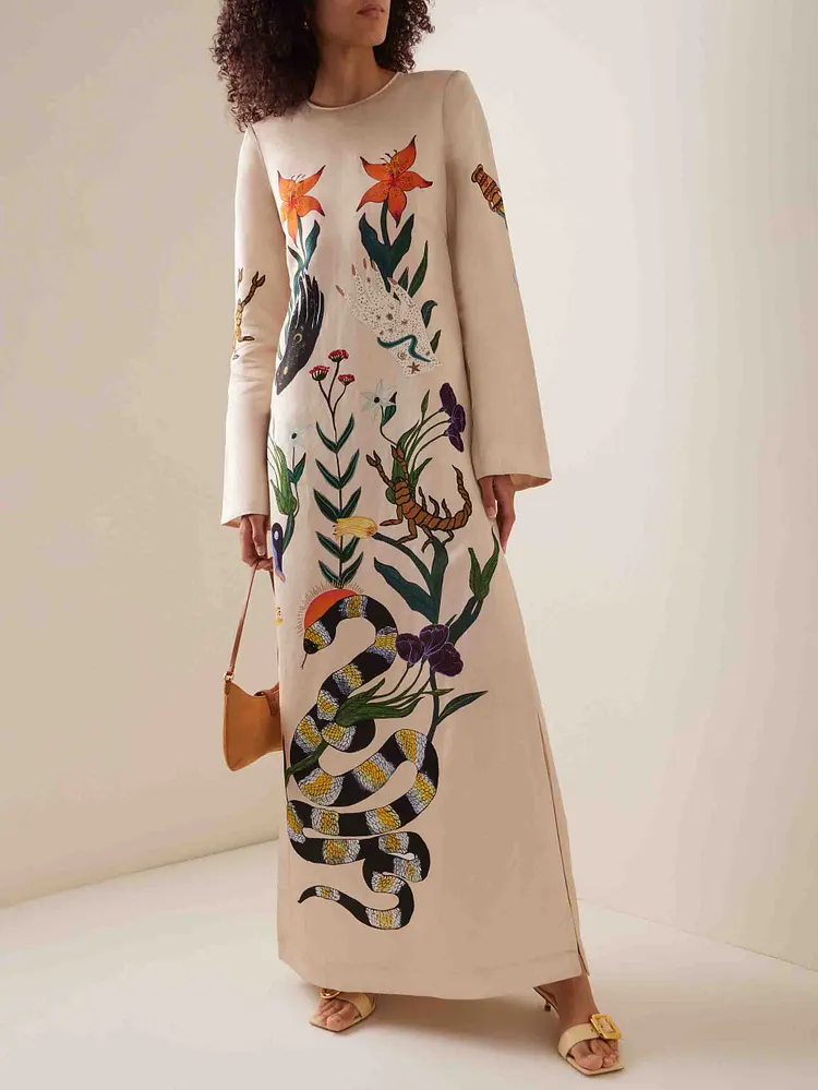 Modern Unique Floral Print Satin Slit Maxi Dress