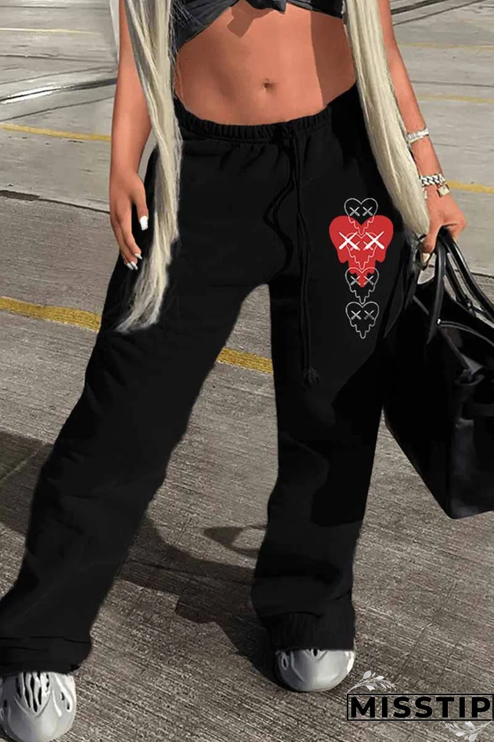 Burgundy Street Print Patchwork Straight Bottoms