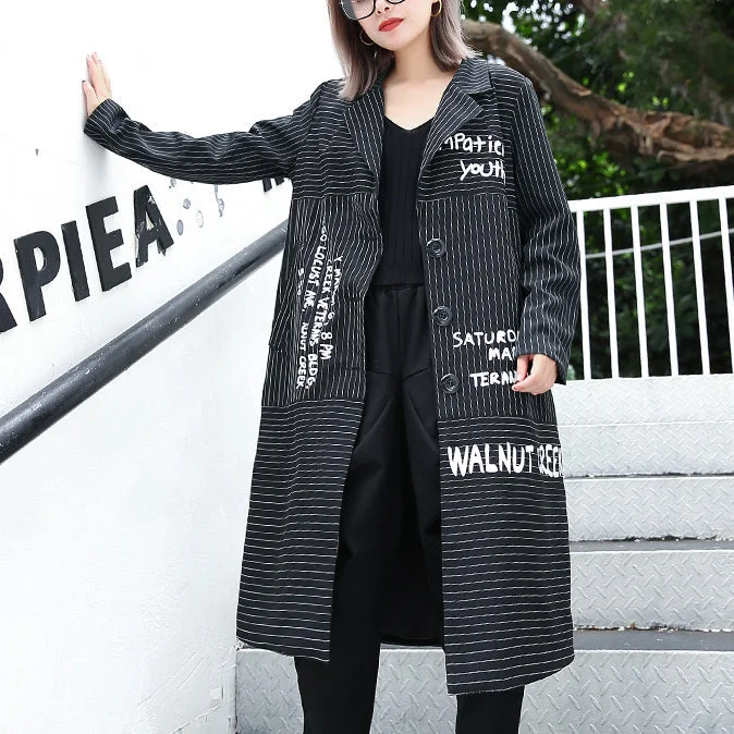 boutique black striped Coat plus size lapel print Coat Elegant baggy coats