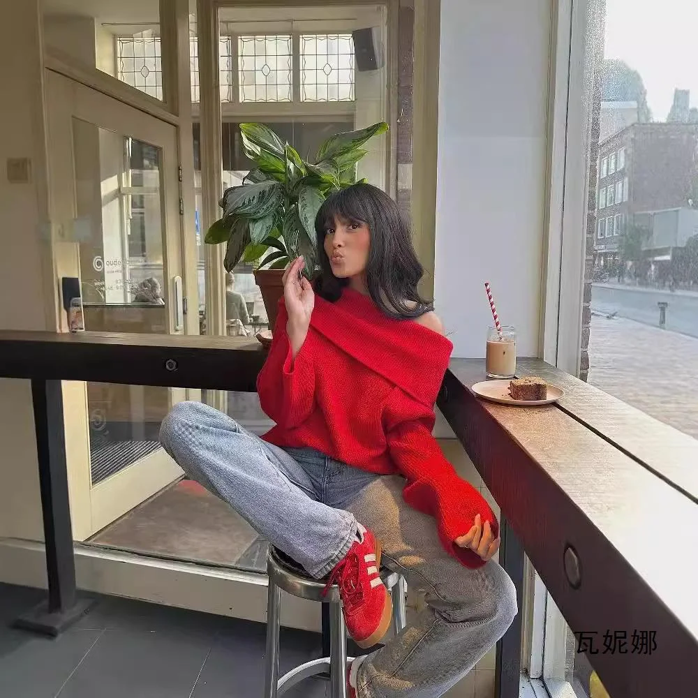 Nigikala Nigikala Women's Clothing New Pure Color Long Sleeve Straight Shoulder Collar Top