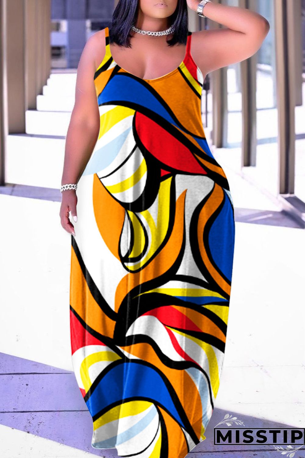 Orange Green Sexy Casual Print Backless Spaghetti Strap Long Dress Dresses