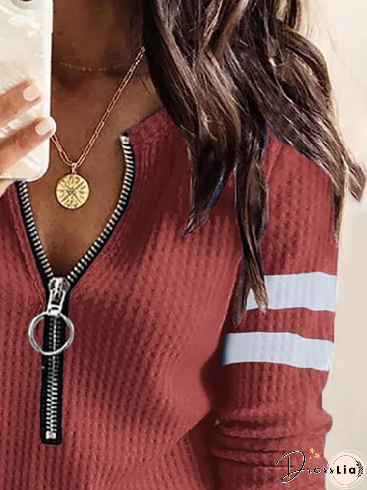 Colorblock Zipper Front Long Sleeve Top