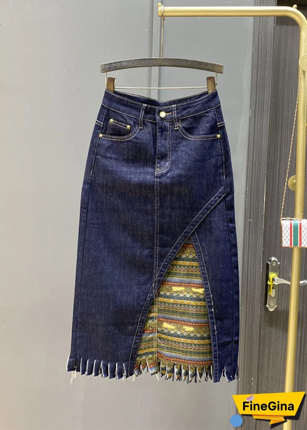 Boutique Navy Asymmetrical Print Patchwork Tassel Denim Skirts