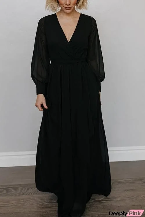 Button Puff Sleeve Belted Maxi Dress