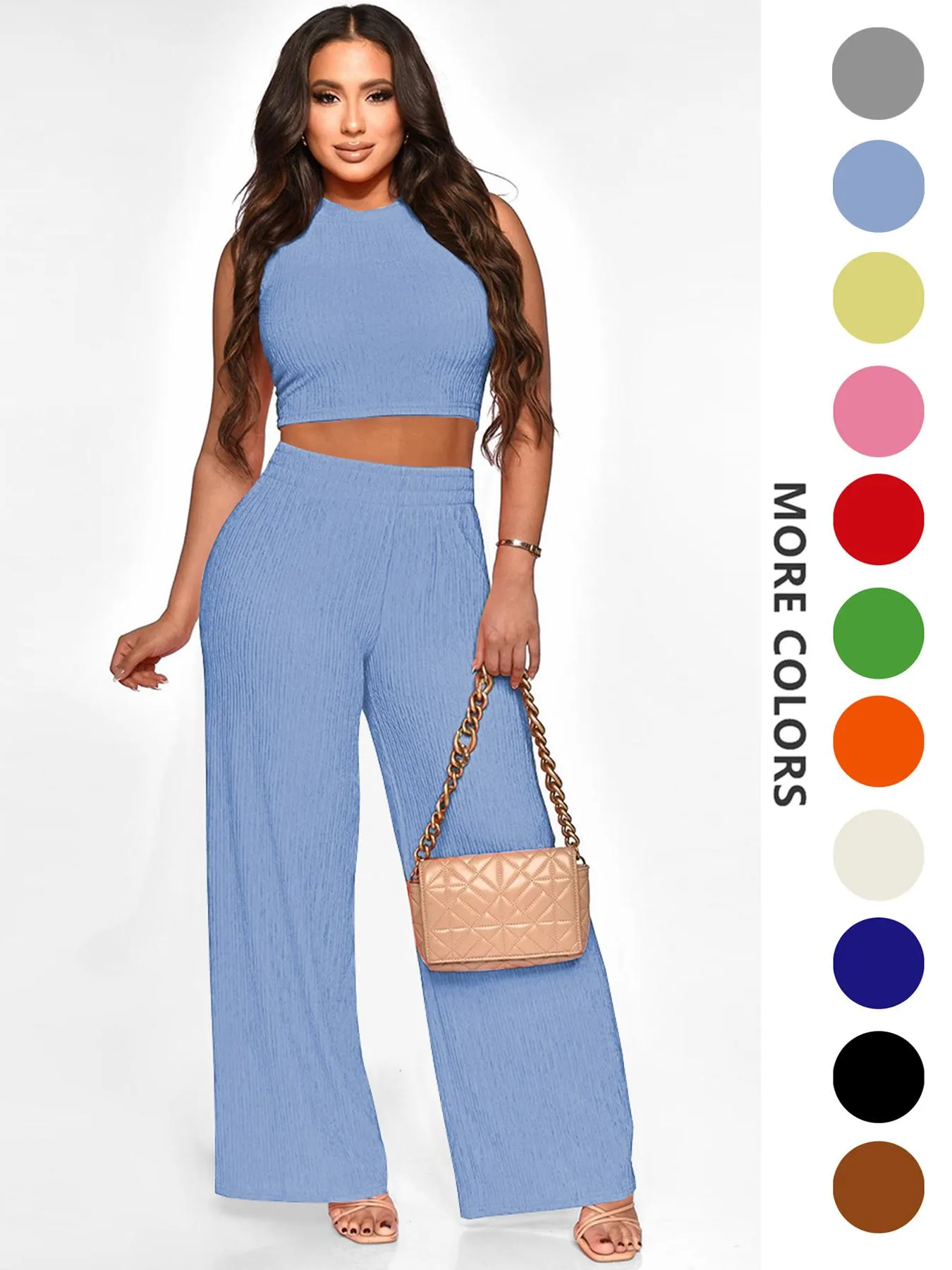 Two-Piece Set Women's Solid Textured Knit Fabric Co-ord Set Suits, Casual Round Neck Crop Tank Top & High Waist Wide Leg Pants Set, Ladies Summer Fit Clothes for Daily Wear, Womenswear Two-Piece Set Women's Solid Textured Knit Fabric Co-ord Set Suits, Casual Round Neck Crop Tank Top & High Waist Wide Leg Pants Set, Ladies Summer Fit Clothes for Daily Wear, Womenswear