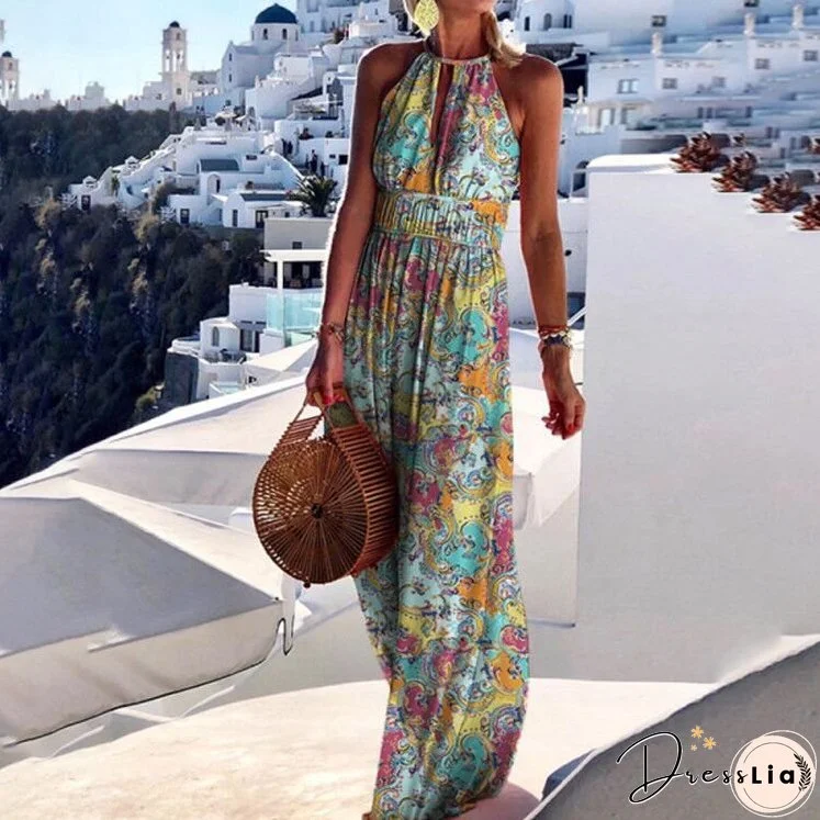 XIEYINSHE AliExpress New round Neck Halter Backless Sexy Print Dress Women's Long Dress