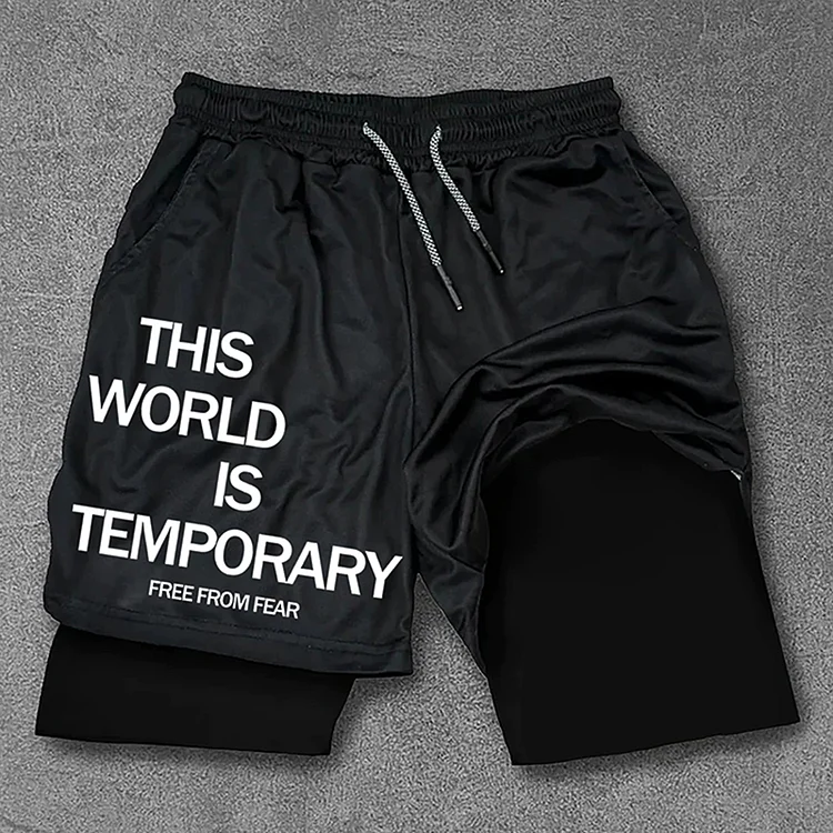 This World Is Temporary Print Drawstring Double Layer Gym Shorts SOPULA