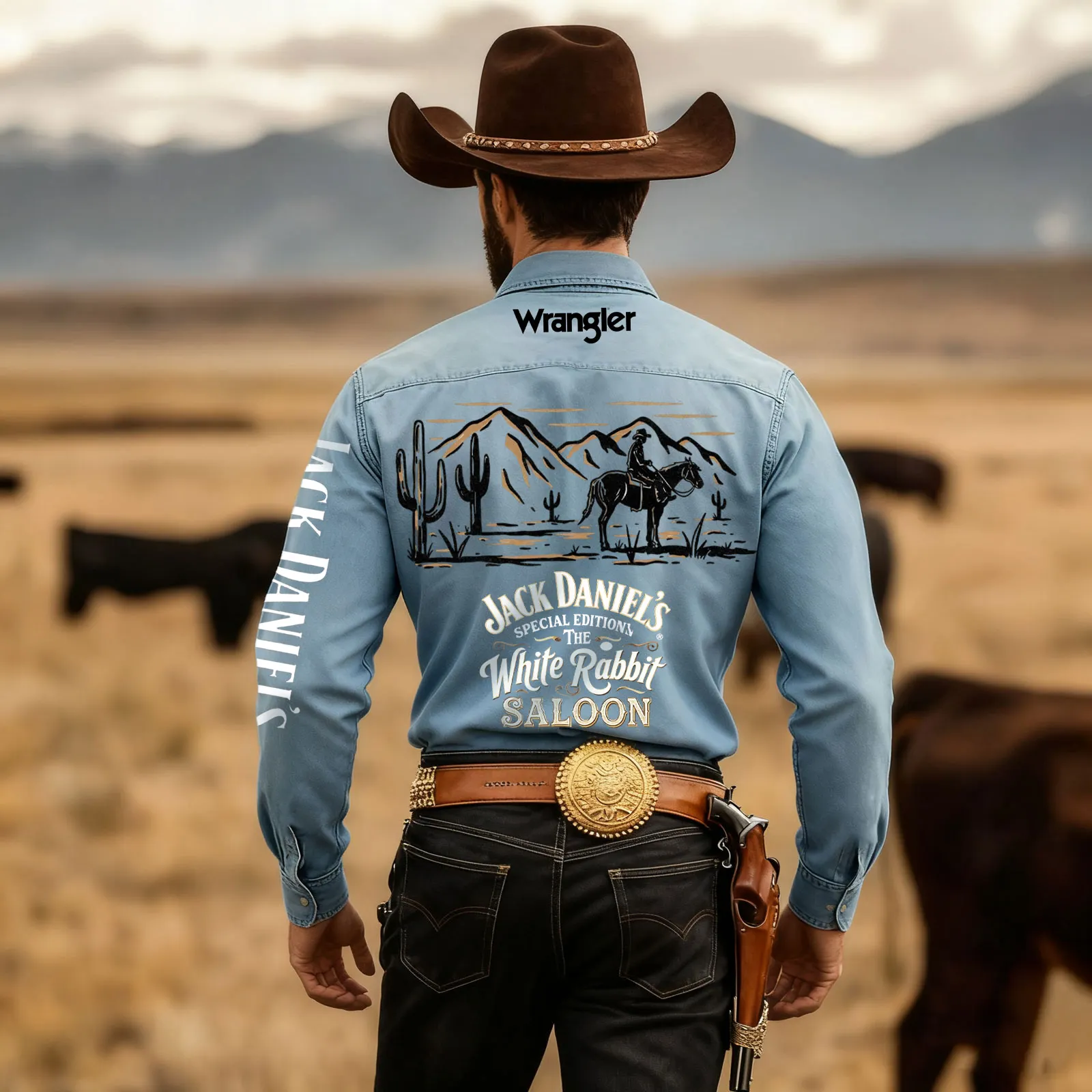 Men's Cowboy Western Shirt With A Pattern Printed On The Back