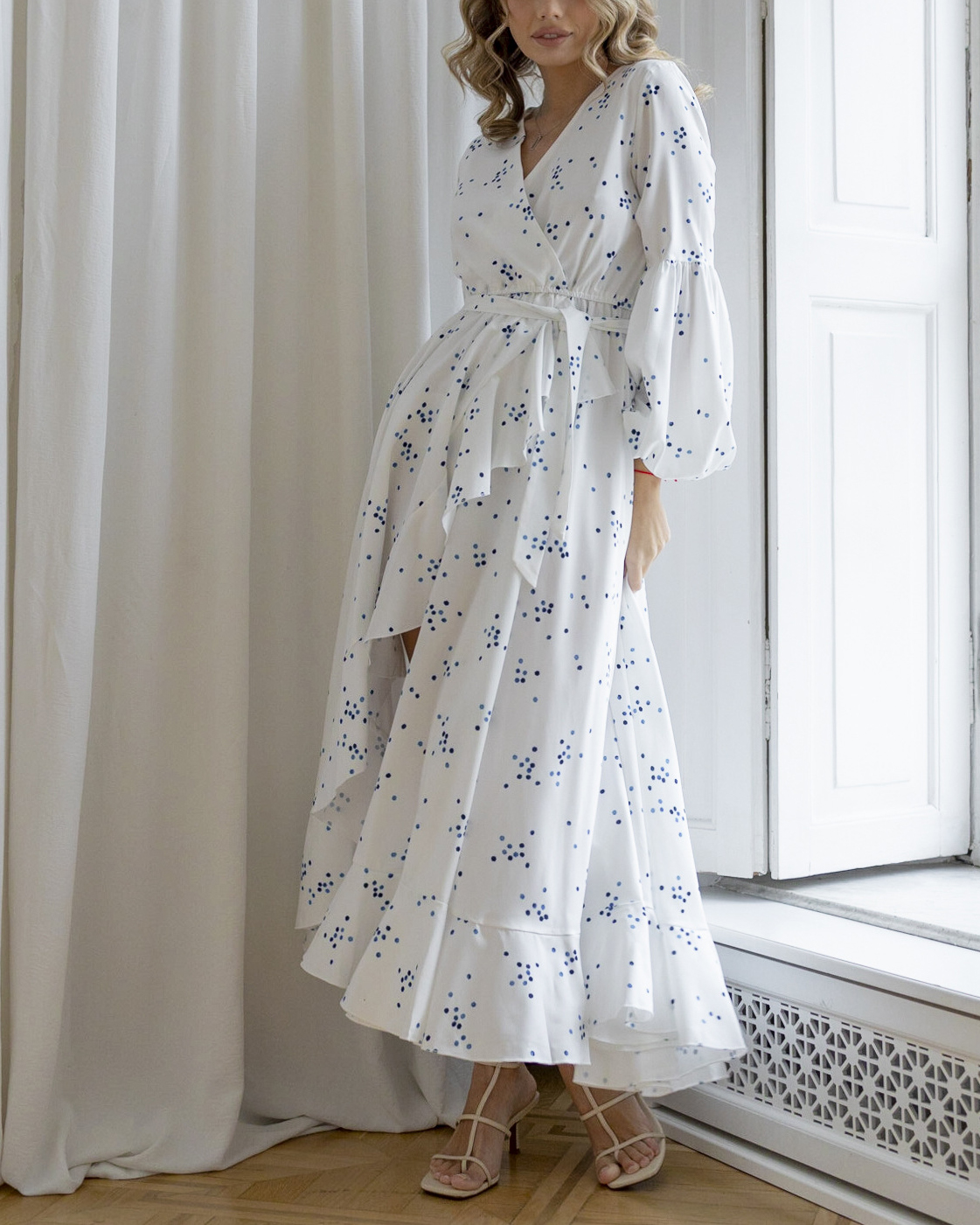 Polka Dot Floral Pattern V Neck Long Sleeve Maxi Dress