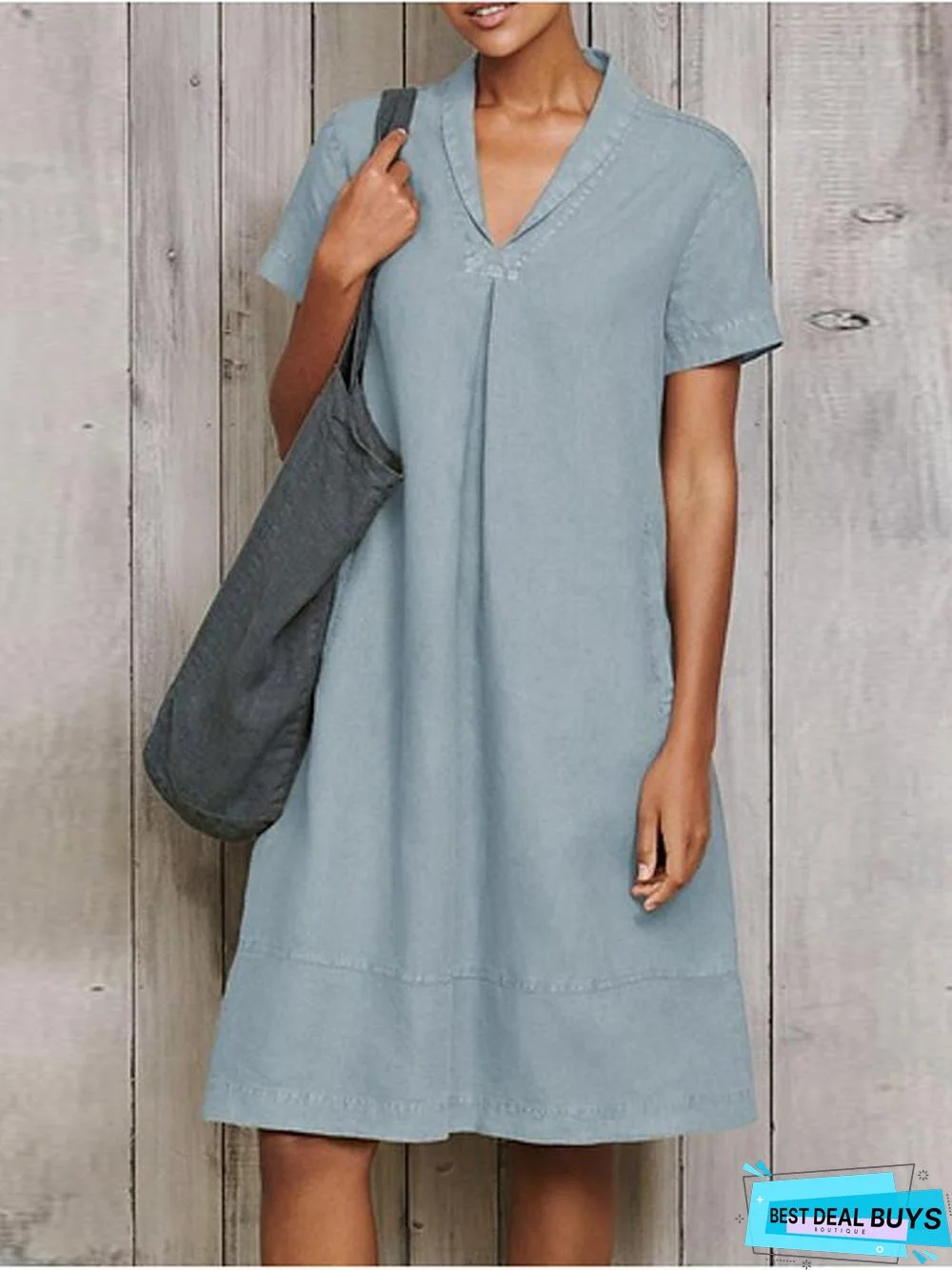Women's Shift Dress - Short Sleeves Solid Color Summer Elegant Black Army Green Light Blue Linen