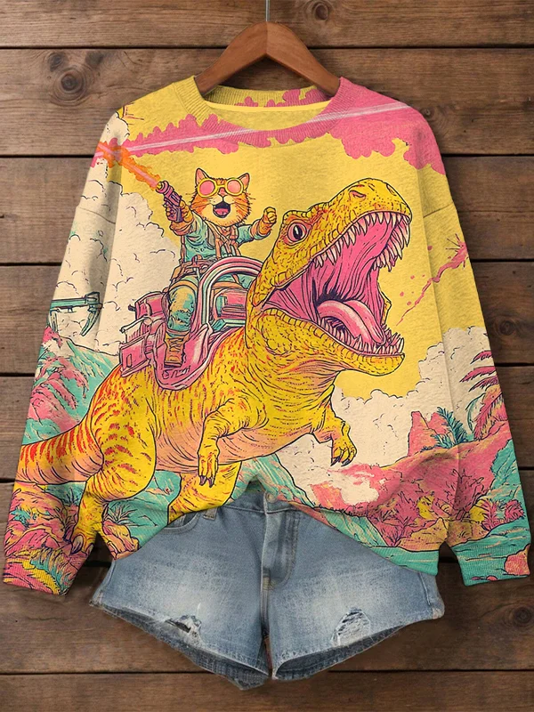 Women's Cat And Dinosaur Fantasy Art Print Casual Sweatshirt